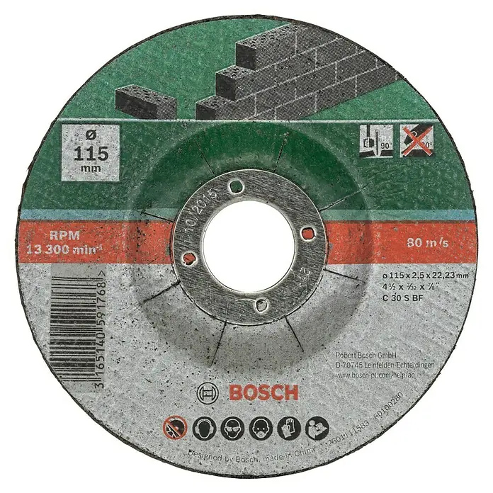 Bosch Trennscheibe C 30 S BF - Geeignet für: Stein, Durchmesser Scheibe: 115 mm, Stärke Scheibe: 2,5 mm, 5 Stk. - Das Bild zeigt eine grüne Bosch Trennscheibe mit einer Größe von 115 mm, geeignet für Winkelschleiferarbeiten mit hoher Präzision.