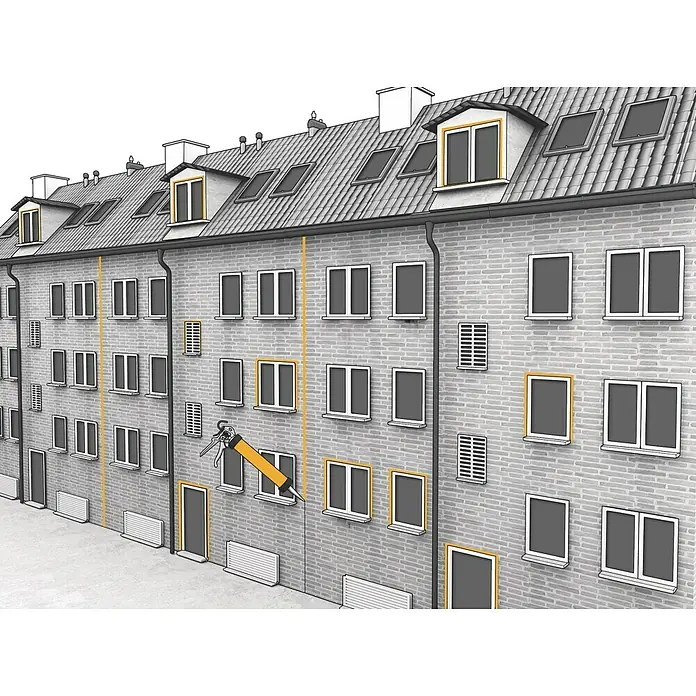 Sika Sikaflex Dichtstoff 402 - Betongrau, 290 ml - Eine Fassadenansicht, bei der die Abdichtung von Fenstern mit einer gelben Dichtpistole demonstriert wird, um Wärmebrücken zu reduzieren und Energie zu sparen.
