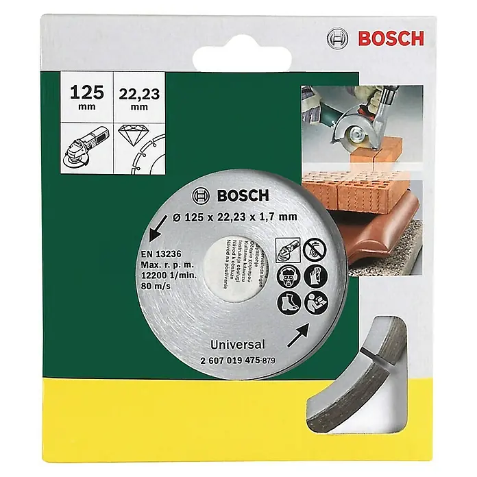 Bosch Diamant-Trennscheibe - Durchmesser Scheibe: 125 mm, Geeignet für: Baumaterialien, 1 Stk. - Verpackung einer Bosch Trennscheibe Universal mit Durchmesser 125 mm, Bohrung 22,23 mm und Dicke 1,7 mm für Winkelschleifer.