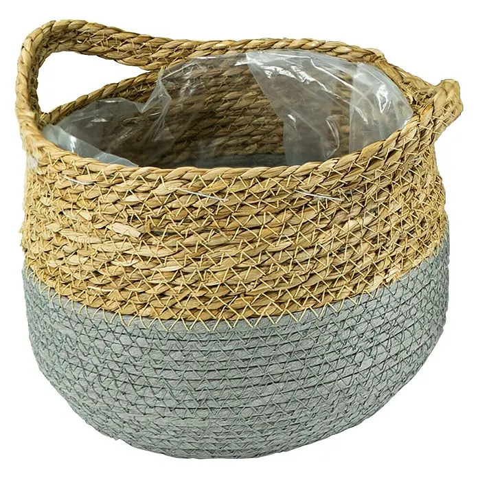 Pflanzkorb Seegras - Ø x H: 20 x 23 cm, Material: Naturmaterialien, Natur/Grau - Ein dekorativer, zweifarbiger Korb aus Naturmaterialien mit Henkeln und einer transparenten Innenauskleidung für Pflanzen oder zur Aufbewahrung.