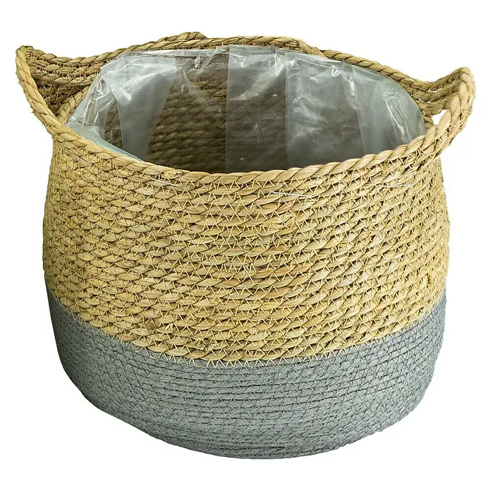 Pflanzkorb Seegras - Ø x H: 37 x 31 cm, Material: Naturmaterialien, Natur/Grau - Korbgefäß aus Seegras mit grauem Boden und Plastikeinsatz, ideal für Pflanzen. Dekorative Aufbewahrungslösung für den Innenbereich.