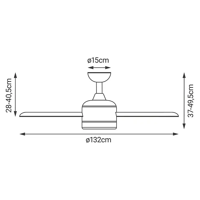 Sulion Ventilador de techo Bambu - Blanco/Marrón, 132 cm, 21 W, Blanco neutro - Dibujo esquemático de un ventilador de techo con dimensiones que indican diámetro (132 cm), altura (28-49,5 cm) y florón (15 cm).