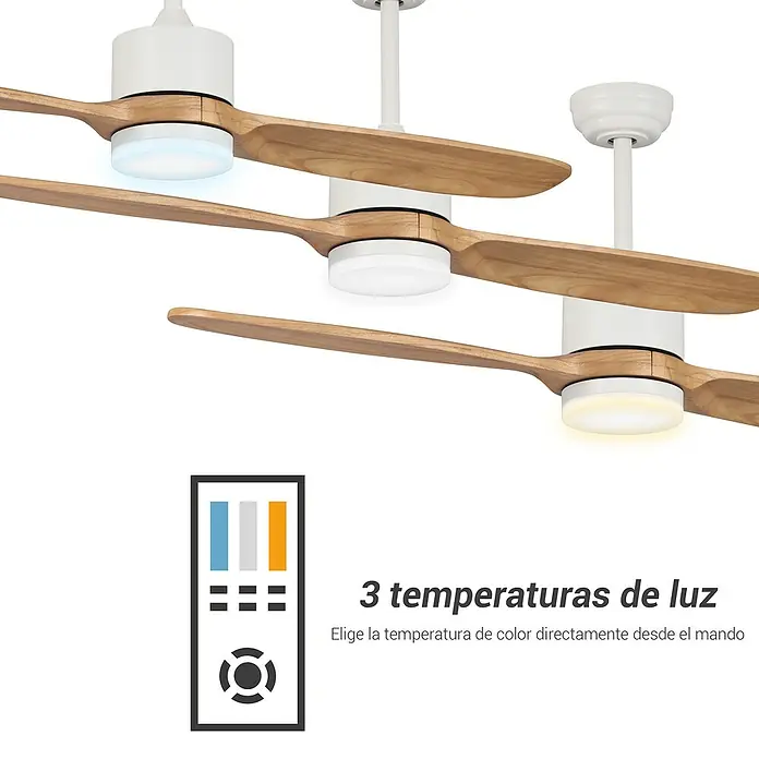 Sulion Ventilador de techo Bambu - Blanco/Marrón, 132 cm, 21 W, Blanco neutro - Ventilador de techo con tres temperaturas de luz. Elige la temperatura de color directamente desde el mando.