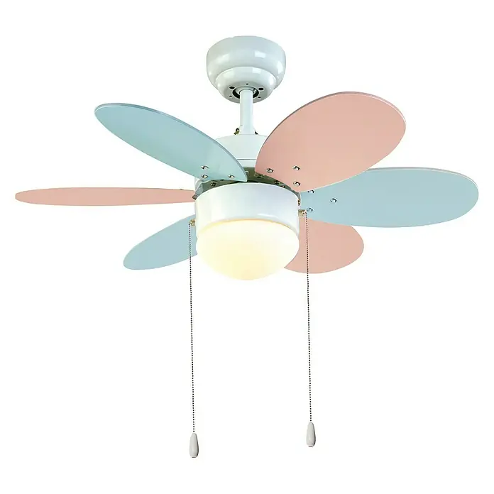 Sulion Ventilador de techo Lollipop - Multicolor pastel, 76 cm, 40 W - Ventilador de techo con seis aspas en rosa y azul y una lámpara en el centro.