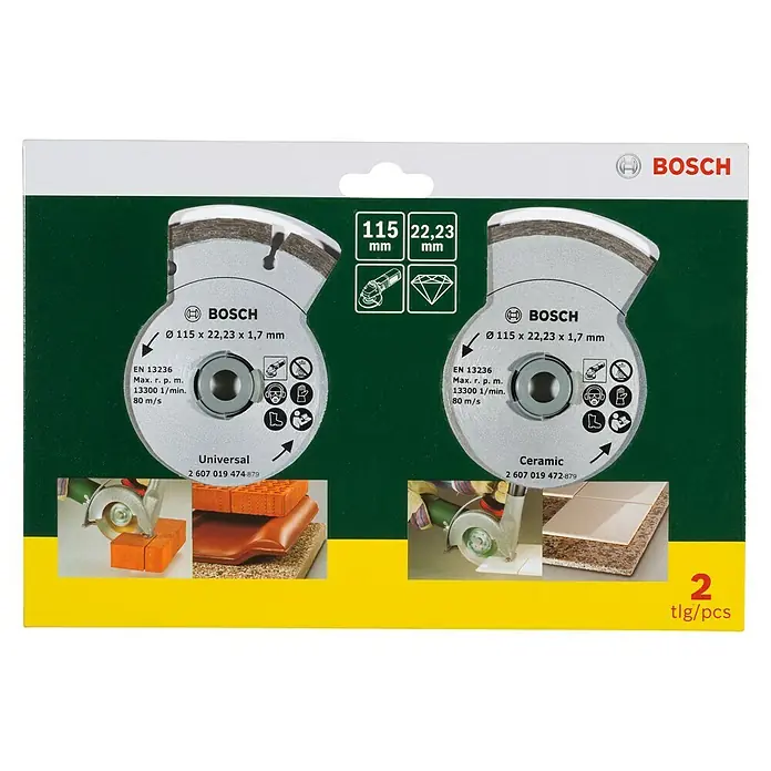 Bosch Diamant-Trennscheiben-Set für Fliesen und BaumaterialDurchmesser Scheibe: 115 mm, Bohrung: 22,23 mm, 2 Stk.