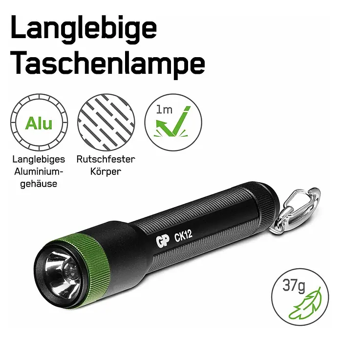 GP Taschenlampe CK12 - 20 lm, IPX4 - Langlebige GP CK12 Taschenlampe aus Aluminium, rutschfest, stoßfest bis 1m, mit geringem Gewicht von 37g, ideal für den täglichen Gebrauch.