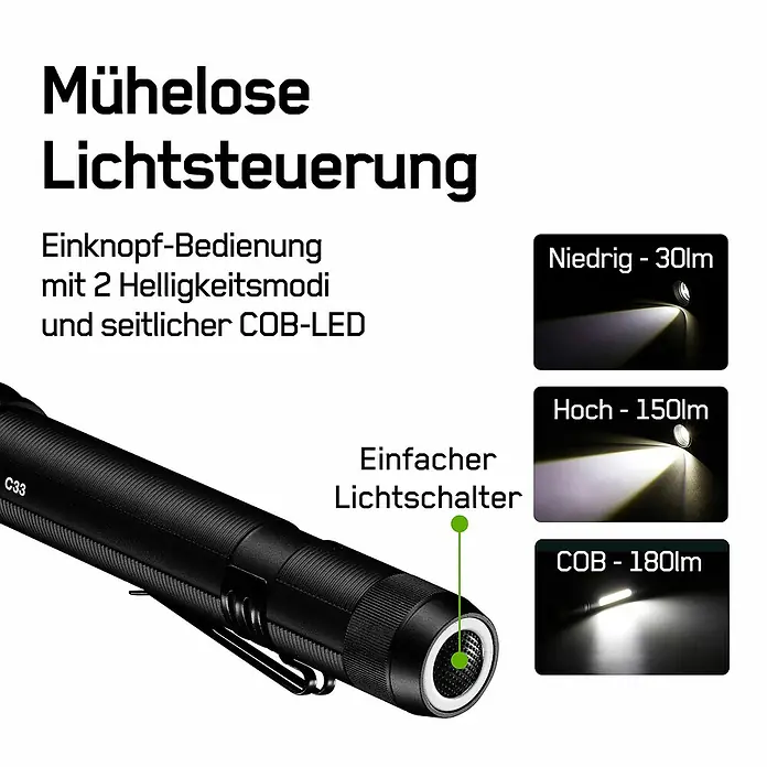 GP Taschenlampe C33 - 30 lm - 180 lm, IPX4 - Bild einer schwarzen Taschenlampe mit verschiedenen Helligkeitsstufen und der Aufschrift "Mühelose Lichtsteuerung".
