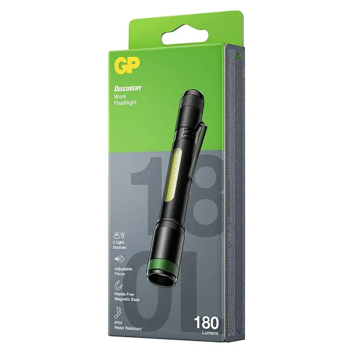 GP Taschenlampe C33 - 30 lm - 180 lm, IPX4 - Verpackung einer GP Discovery Arbeits-Taschenlampe mit 180 Lumen, wasserabweisend und mit Magnetfuß für freihändige Nutzung.