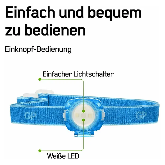 GP Stirnlampe CH31 - 40 lm, Blau - Blaue GP Stirnlampe mit einfacher Einknopf-Bedienung, weißer LED und einfachem Lichtschalter für bequeme Nutzung.