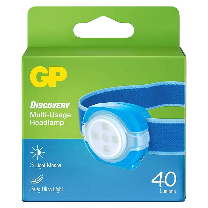 GP Stirnlampe CH31 - 40 lm, Blau - Die GP Discovery Multi-Usage Stirnlampe mit 40 Lumen ist leicht und hat 3 Leuchtmodi für diverse Outdoor-Aktivitäten.