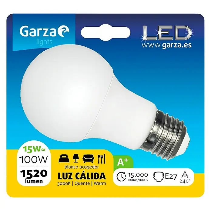 Garza Bombilla LED - E27, No regulable, Blanco cálido, 1.520 lm, 15 W - La imagen muestra una bombilla LED de Garza Lights con 1520 lúmenes y luz blanca cálida (3000K) sobre fondo azul.