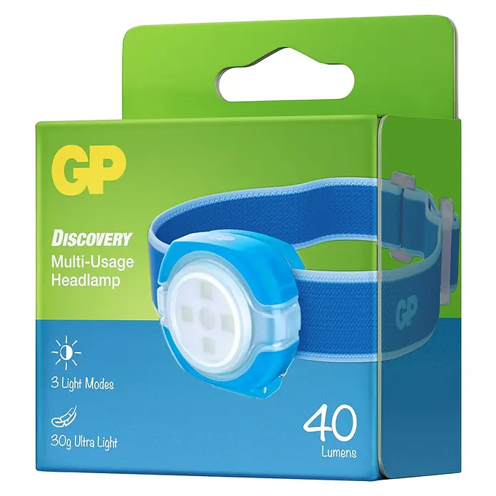 GP Stirnlampe CH31 - 40 lm, Blau - Nahaufnahme der Verpackung einer blauen GP Discovery Multi-Usage Stirnlampe mit 3 Lichtmodi und 40 Lumen.