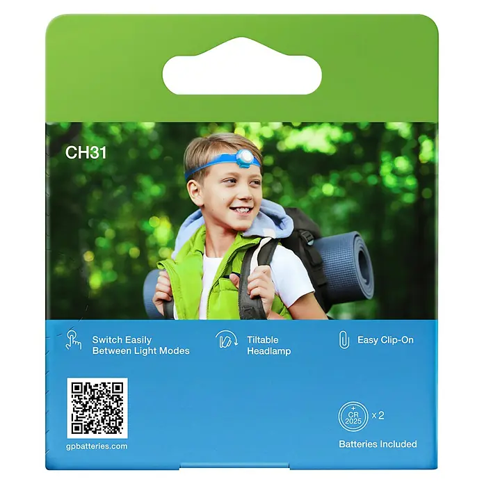 GP Stirnlampe CH31 - 40 lm, Blau - Verpackung einer CH31 Stirnlampe für Kinder mit den Funktionen: Leichter Wechsel der Lichtmodi, neigbare Lampe und einfacher Clip-On.