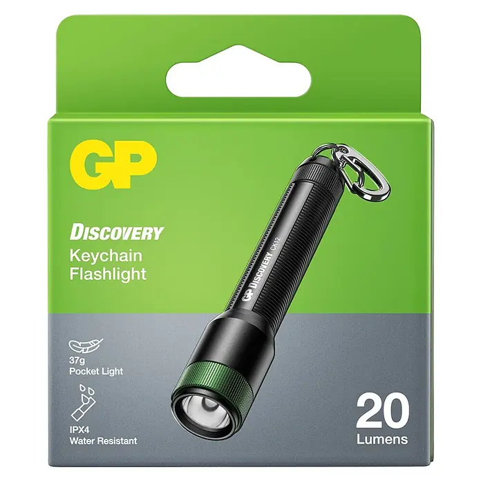 GP Taschenlampe CK12 - 20 lm, IPX4 - Hier ist die GP Discovery CK12 Schlüsselanhänger-Taschenlampe in ihrer Verpackung, ideal für den Schlüsselbund und wasserabweisend.