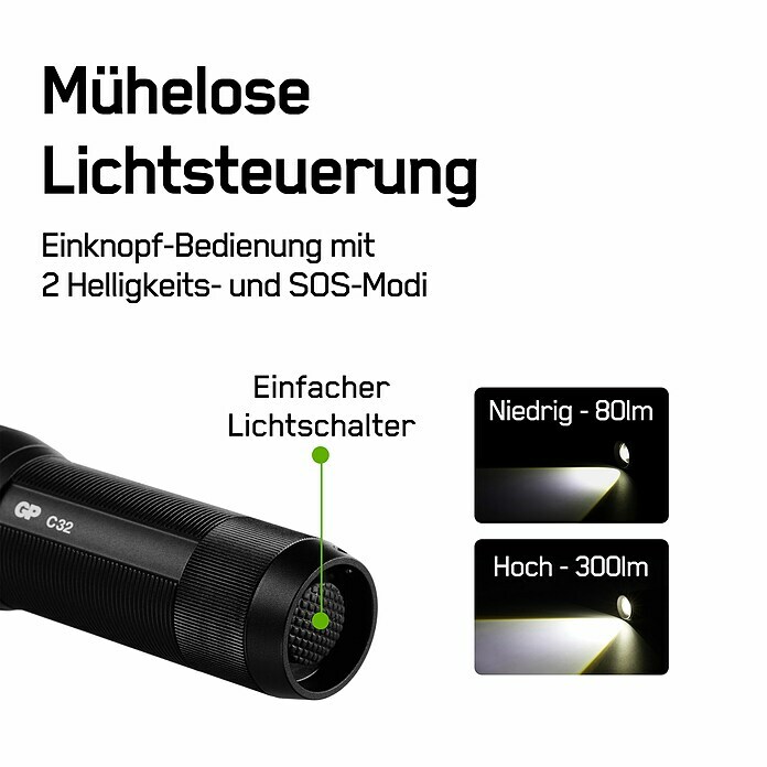 Eltra LED-Taschenlampe C32 (Batteriebetrieben, Schwarz/Grün, 300 lm) | BAUHAUS