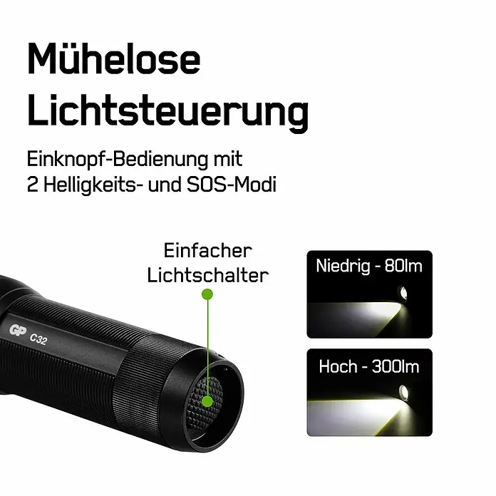 GP Taschenlampe C32 - 300 lm, IPX4 - Abbildung einer GP C32 Taschenlampe mit müheloser Lichtsteuerung, Einknopf-Bedienung, 2 Helligkeits- und SOS-Modi, einfacher Lichtschalter.