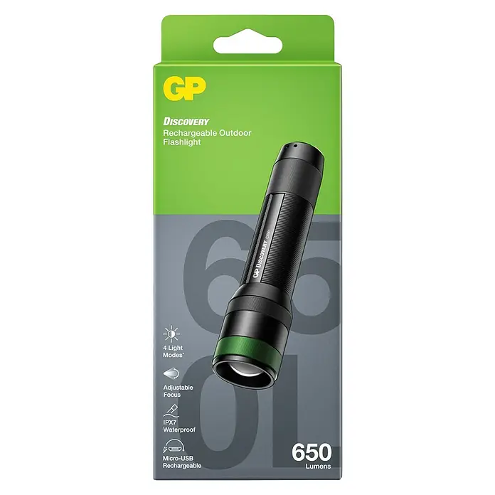 GP Taschenlampe CR41 - 30 lm - 650 lm - Eine GP Discovery CR41 wiederaufladbare Outdoor-Taschenlampe mit 650 Lumen, einstellbarem Fokus und vier Lichtmodi.