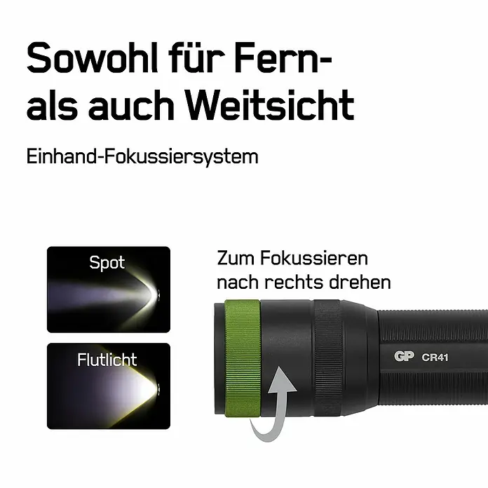 GP Taschenlampe CR41 - 30 lm - 650 lm - Produktbild einer GP CR41 Taschenlampe mit Fokus-System für Fern- und Weitsicht, inklusive Spot- und Flutlicht-Optionen.