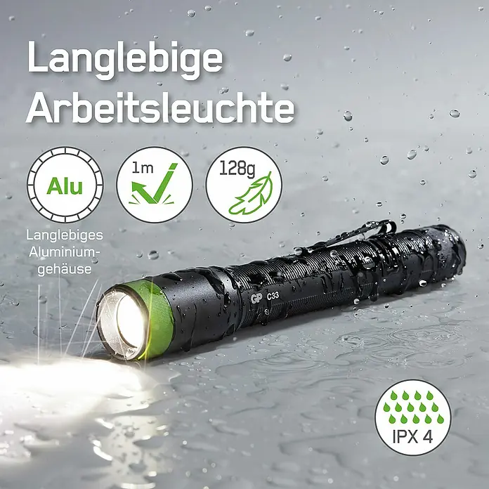 GP Taschenlampe C33 - 30 lm - 180 lm, IPX4 - Robustes GP C33 Arbeitslicht aus Aluminium, wasserabweisend mit IPX4-Schutz, leicht und langlebig für den täglichen Einsatz.