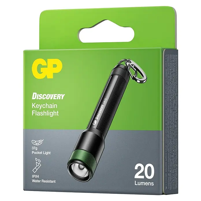 GP Taschenlampe CK12 - 20 lm, IPX4 - Abbildung einer GP Discovery Schlüsselanhänger-Taschenlampe in ihrer Verpackung, die ihre kompakte Grösse und Wasserfestigkeit hervorhebt.