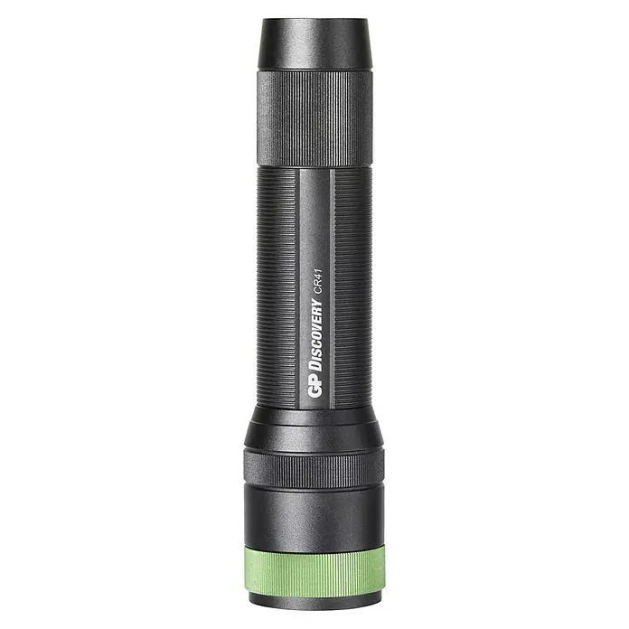 GP Taschenlampe CR41 - 30 lm - 650 lm - Das Bild zeigt eine GP Discovery CR41 Taschenlampe in Schwarz, die robust und ideal für Outdoor-Aktivitäten ist.