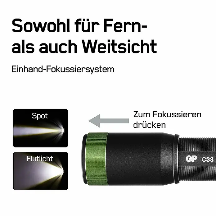 GP Taschenlampe C33 - 30 lm - 180 lm, IPX4 - Produktbild einer GP C33 Taschenlampe mit Fokus-Funktion für Fern- und Weitsicht. Einhand-Fokussiersystem für Spot- und Flutlicht.