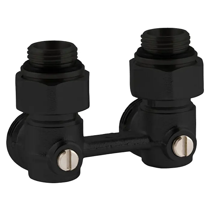 Sanicomfort Heizkörper-Hahnblock - ½″, Eck - Schwarzes Doppel-Eckventil mit Gewindeanschlüssen für Heizkörper und Sanitäranlagen. Robuste Ausführung für zuverlässige Verbindungen.