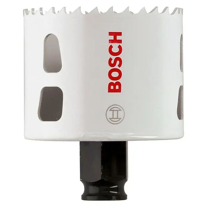 Bosch Professional Sierra de corona BiM - Diámetro: 60 mm, Acero - Primer plano de una sierra de corona Bosch, ideal para taladrar agujeros grandes y precisos en diversos materiales. Construcción duradera para un rendimiento duradero.