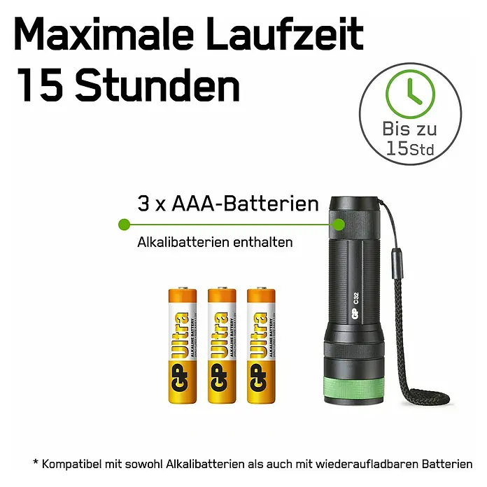 GP Taschenlampe C32 - 300 lm, IPX4 - Produktbild einer GP C32 Taschenlampe, die mit 3 AAA-Batterien betrieben wird und eine maximale Laufzeit von 15 Stunden hat.