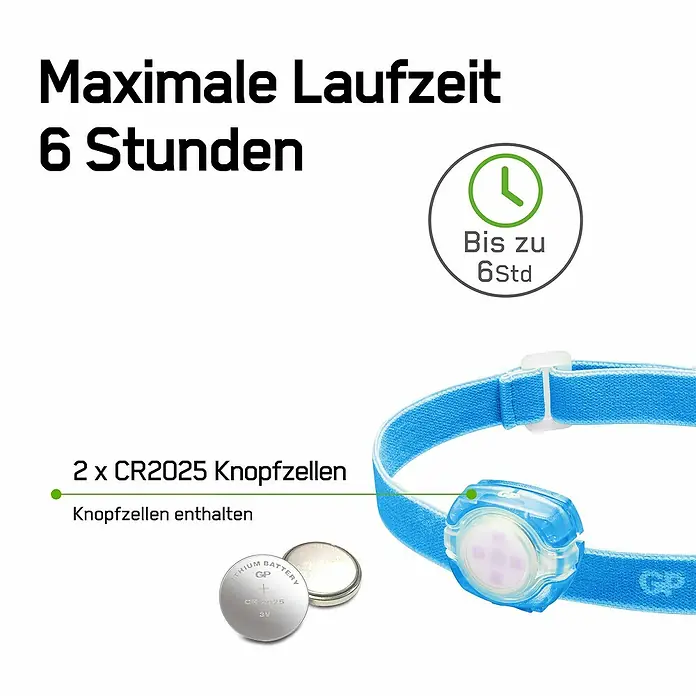 GP Stirnlampe CH31 - 40 lm, Blau - Stirnlampe mit blauen Band, die mit zwei CR2025-Knopfzellen betrieben wird und eine maximale Laufzeit von 6 Stunden bietet.