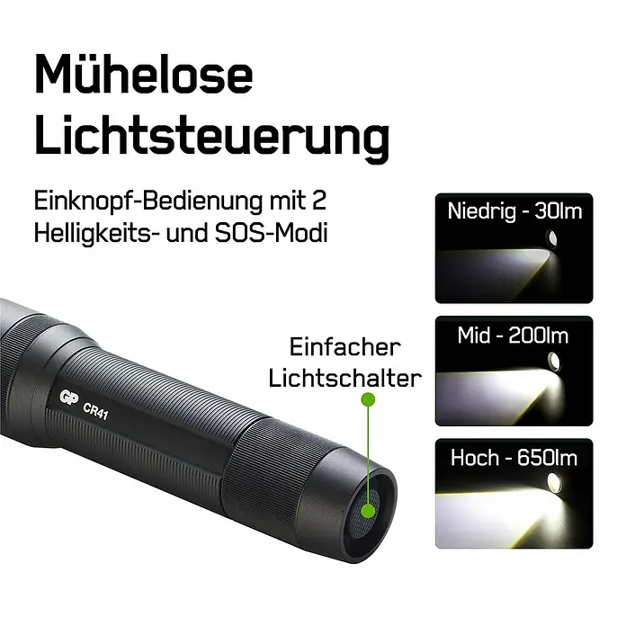 GP Taschenlampe CR41 - 30 lm - 650 lm - Bild einer GP CR41 Taschenlampe mit einfacher Lichtsteuerung und verschiedenen Helligkeitsmodi.