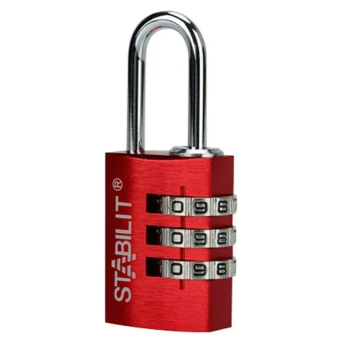 Stabilit Candado con combinación ZA-20 - Ancho: 21 mm, Aluminio, Rojo/Plateado - Un candado de combinación STABILIT rojo con un grillete plateado y tres ruedas numéricas para mayor seguridad.