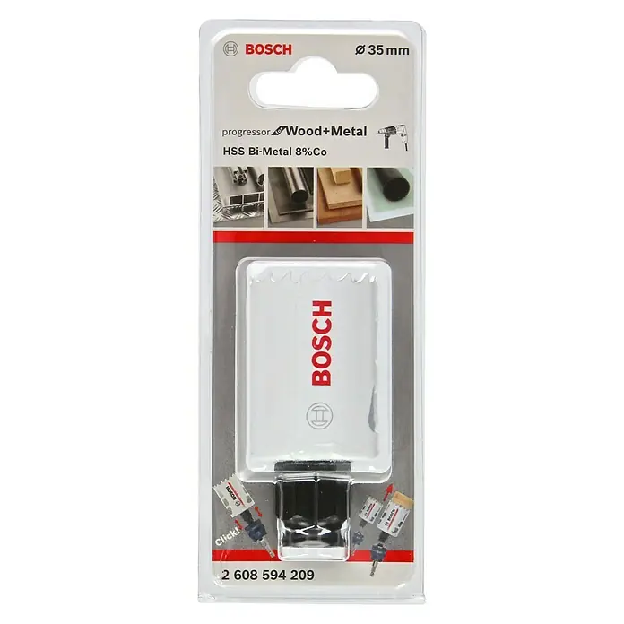 Bosch Professional Sierra de corona BiM - Diámetro: 35 mm, Acero - La imagen muestra una sierra de corona Bosch Progressor para madera y metal con un diámetro de 35 mm, empaquetada y lista para usar.