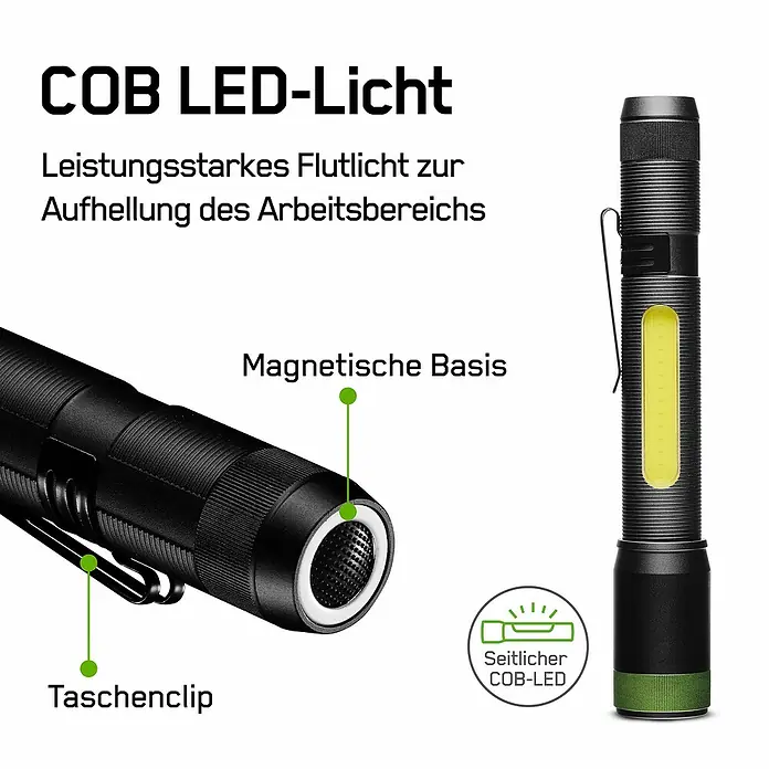 GP Taschenlampe C33 - 30 lm - 180 lm, IPX4 - Abbildung einer schwarzen COB LED-Taschenlampe mit Magnetfuß und Taschenclip, ideal zur Ausleuchtung von Arbeitsbereichen.