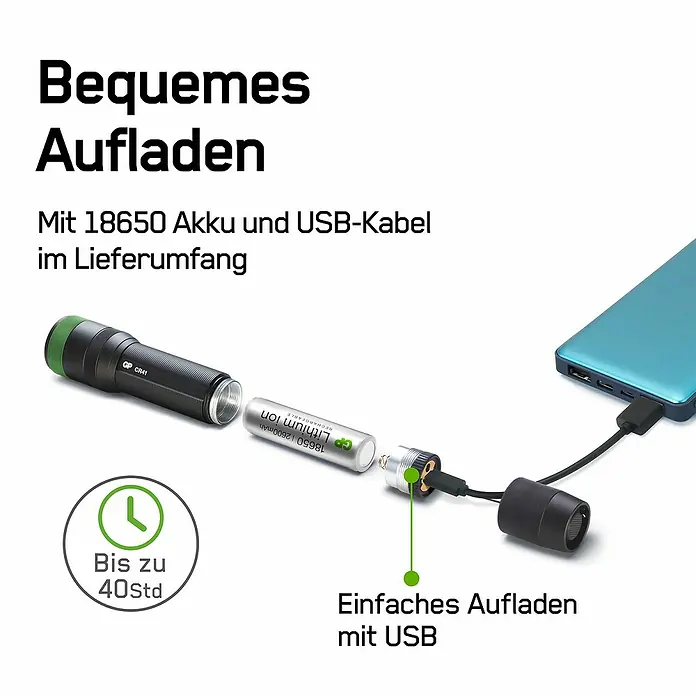 GP Taschenlampe CR41 - 30 lm - 650 lm - Produktbild einer GP CR41 Taschenlampe mit 18650 Akku, USB-Kabel und Hinweisen zum Aufladen.