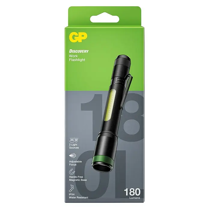 GP Taschenlampe C33 - 30 lm - 180 lm, IPX4 - Produktbild einer GP Discovery Work Flashlight, einer Arbeitsleuchte mit 180 Lumen Lichtstärke, magnetischem Fuß und zwei Lichtquellen.