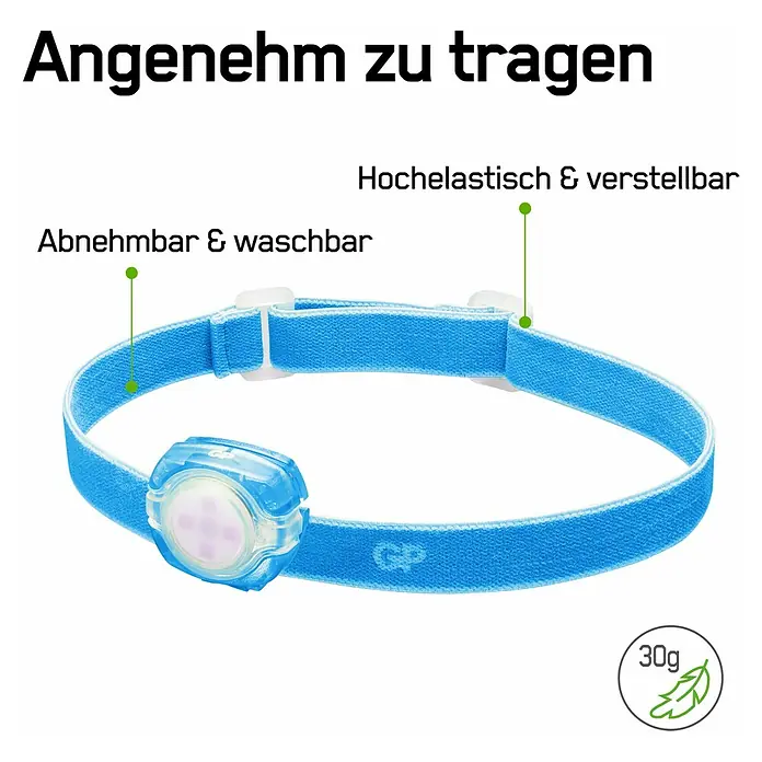 GP Stirnlampe CH31 - 40 lm, Blau - Angenehm zu tragen: Das leichte, hochflexible & verstellbare Stirnband von GP ist abnehmbar & waschbar. Mit nur 30g Gewicht ist es kaum spürbar.