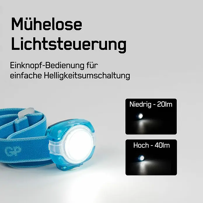 GP Stirnlampe CH31 - 40 lm, Blau - Mühelose Lichtsteuerung mit der GP Stirnlampe, die eine einfache Helligkeitsumschaltung per Einknopf-Bedienung ermöglicht.