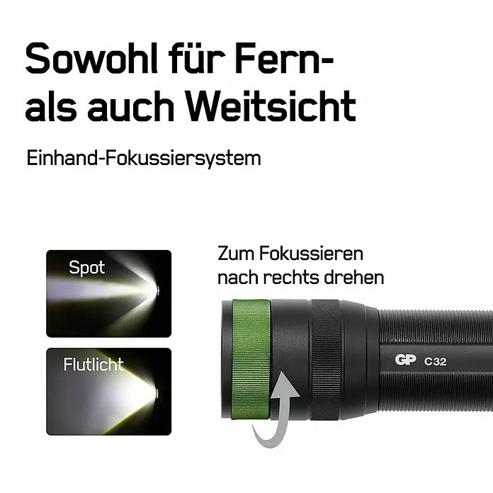 GP Taschenlampe C32 - 300 lm, IPX4 - Bild einer GP C32-Taschenlampe, die sowohl für Fern- als auch für Weitsicht geeignet ist, mit Einhand-Fokussiersystem und Anleitung zum Fokussieren.