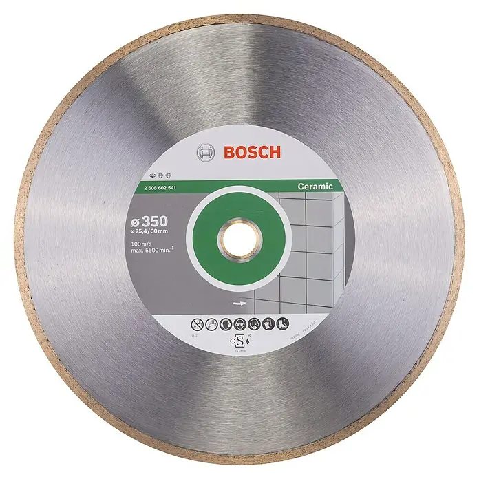 Bosch Diamant-Trennscheibe Standard for Ceramic - 1 Stk. - Abgebildet ist eine Bosch Keramik-Trennscheibe mit einem Durchmesser von 350 mm zum präzisen Schneiden von Keramikfliesen.