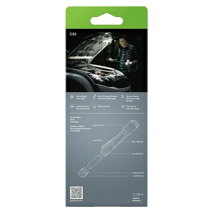 GP Taschenlampe C33 - 30 lm - 180 lm, IPX4 - Abbildung einer GP C33 Arbeitsleuchte, einer hellen Cree LED-Taschenlampe mit verschiedenen Modi, Clip und Magnetfuß für vielseitige Anwendungen.