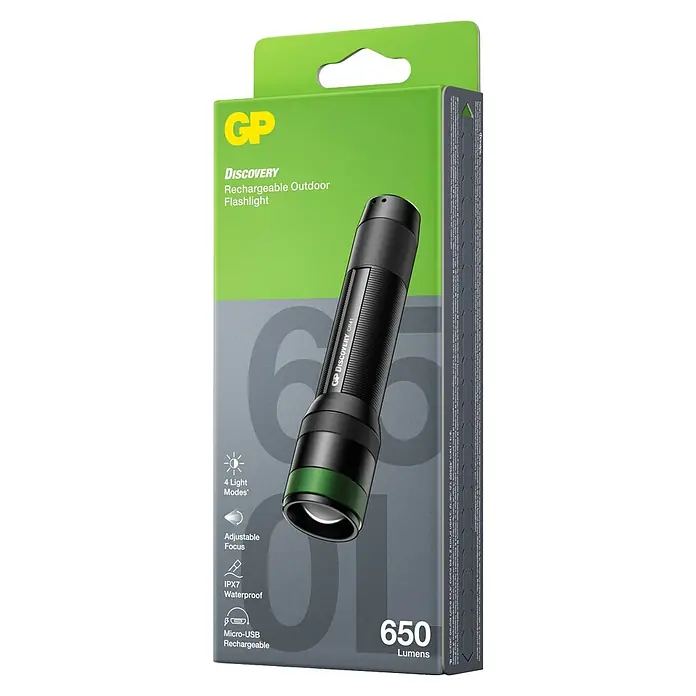 GP Taschenlampe CR41 - 30 lm - 650 lm - Abbildung einer GP Discovery wiederaufladbaren Outdoor-Taschenlampe mit 650 Lumen, ein praktisches und helles Beleuchtungswerkzeug.