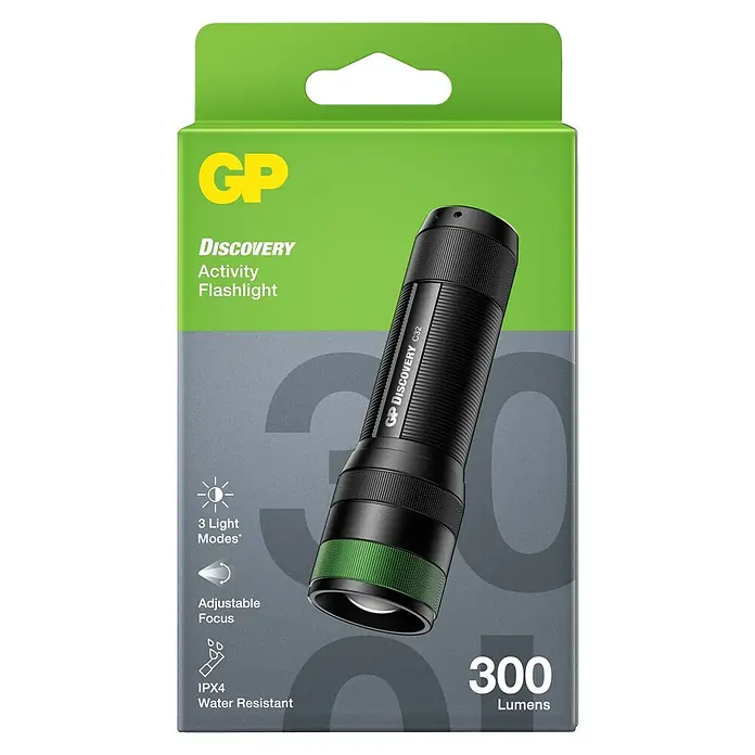 GP Taschenlampe C32 - 300 lm, IPX4 - Das Bild zeigt eine GP Discovery C32 Aktivitäts-Taschenlampe in ihrer Verpackung, die 300 Lumen stark ist und über verschiedene Modi verfügt.