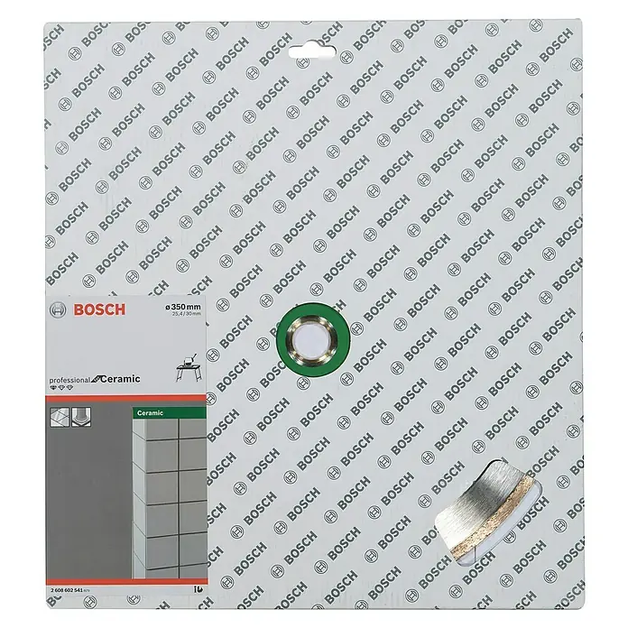 Bosch Diamant-Trennscheibe Standard for Ceramic - 1 Stk. - Aufnahme der Bosch Fliesenschneideblattverpackung, das Blatt selbst, mit der Aufschrift "professional Ceramic".
