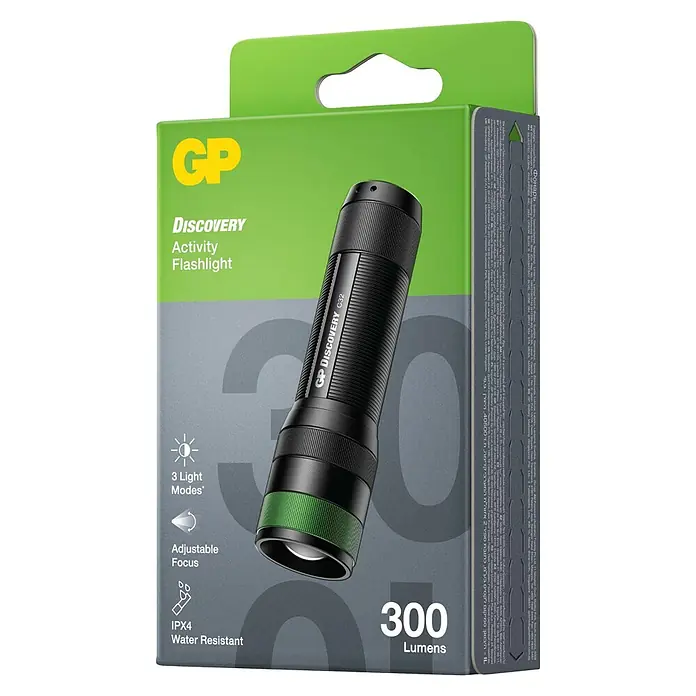 GP Taschenlampe C32 - 300 lm, IPX4 - Nahaufnahme der GP Discovery C32-Taschenlampe in ihrer Verkaufsverpackung, die ihre Funktionen wie 300 Lumen Helligkeit und Wasserfestigkeit hervorhebt.