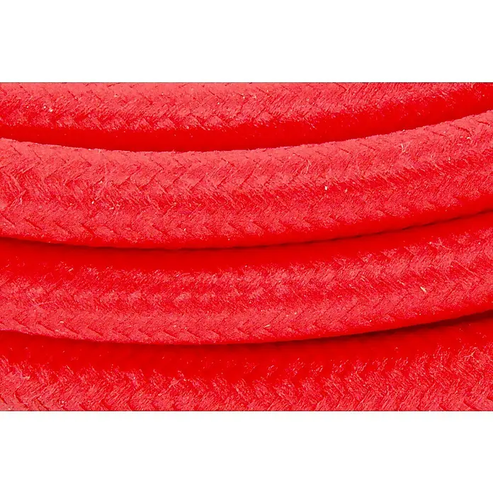 Chacon Cable textil decorativo - 3 m, Rojo - Primer plano de cordón textil rojo enrollado en bucles, resaltando la textura de la tela. Ideal para manualidades o fines decorativos.
