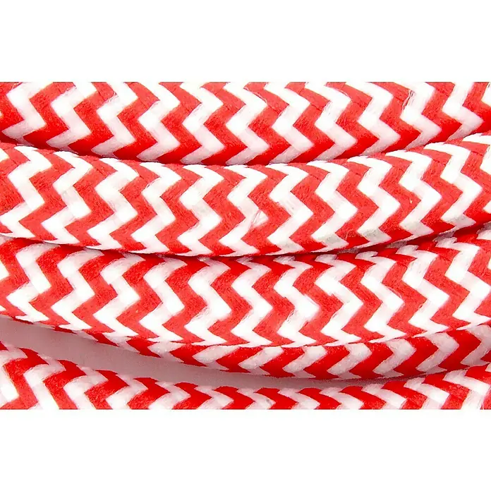Chacon Cable textil decorativo - 3 m, Rojo/Blanco - Primer plano de un cable en espiral con un patrón en zigzag rojo y blanco, ideal para aplicaciones eléctricas.