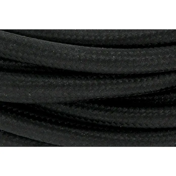 Chacon Cable textil decorativo - 5 m, Negro - Primer plano de un cable textil negro, mostrando su textura trenzada y color oscuro para una estética robusta y elegante.