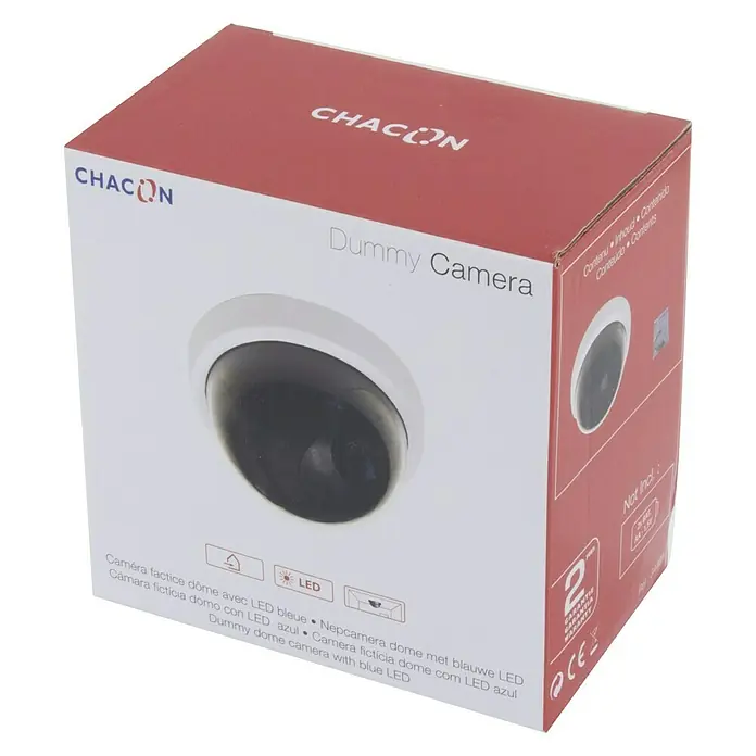 Chacon Cámara de vigilancia falsa Domo - Blanco - Embalaje de una cámara ficticia Chacon. Una forma rentable de fingir seguridad, con LED azul.