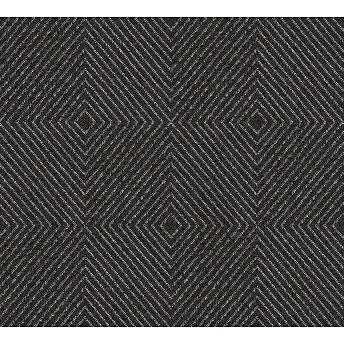 A.S. Création Metropolitan Stories Vliestapete Kachel - Schwarz/Metallic, Grafisch, 10,05 x 0,53 m - Texturiertes, geometrisches Tapetenmuster mit sich wiederholenden Rauten in Grau auf dunklem Hintergrund.